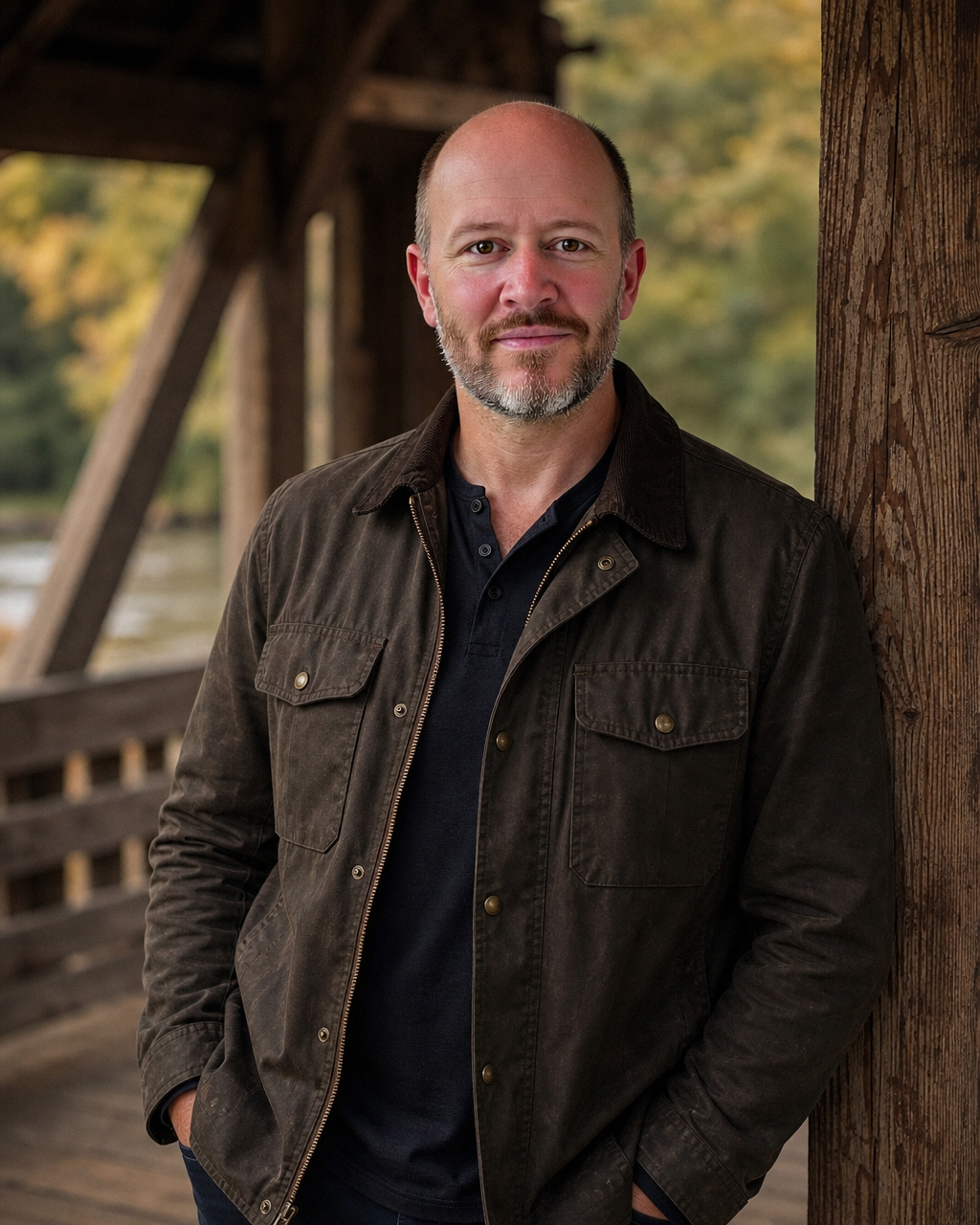 Randy Schrum in a casual setting on a covered bridge — a more personal portrait