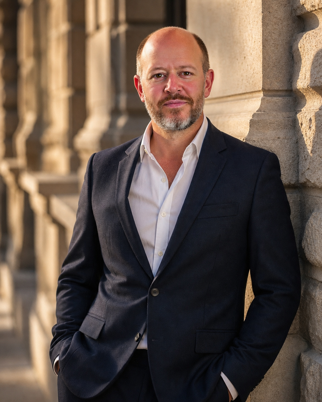 Randy Schrum in a navy suit against warm stone columns — Founder of Kinsmen Holdings